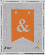 A taped needlepoint canvas with the design: Banner 18 mesh count Forked Ampersand White on Orange.