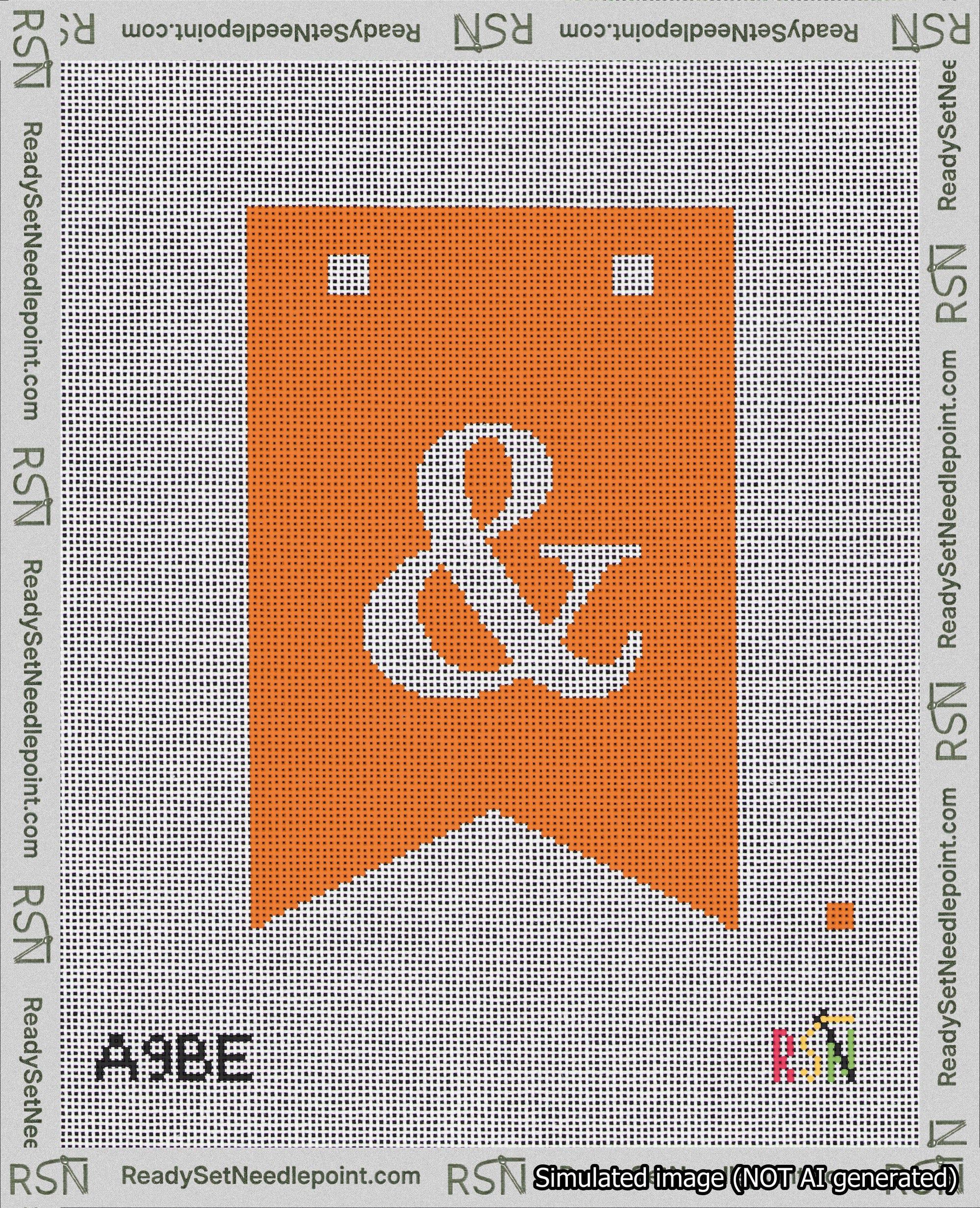 A taped needlepoint canvas with the design: Banner 18 mesh count Forked Ampersand White on Orange.