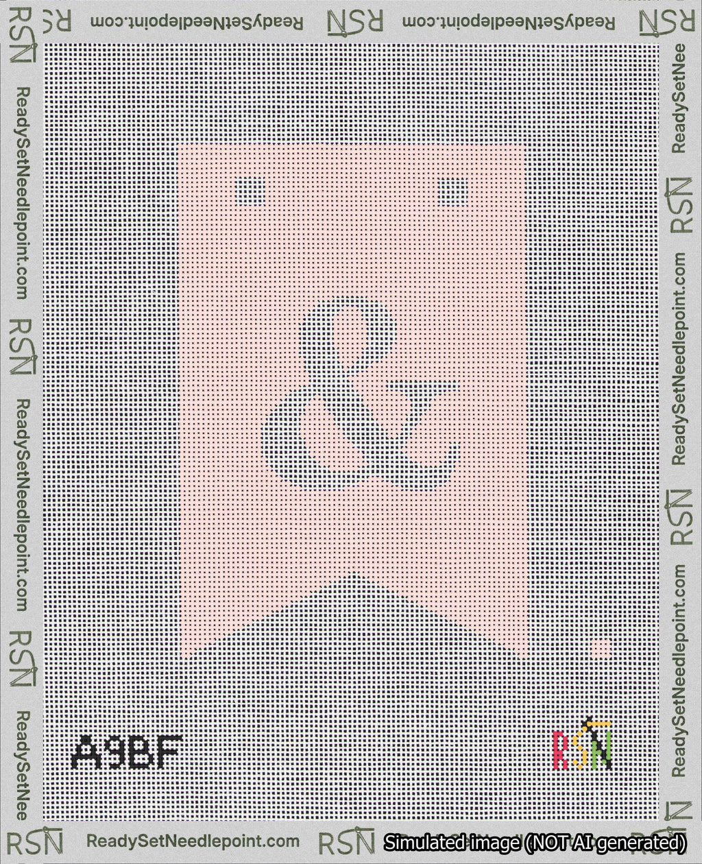 A taped needlepoint canvas with the design: Banner 18 mesh count Forked Ampersand White on Pink.
