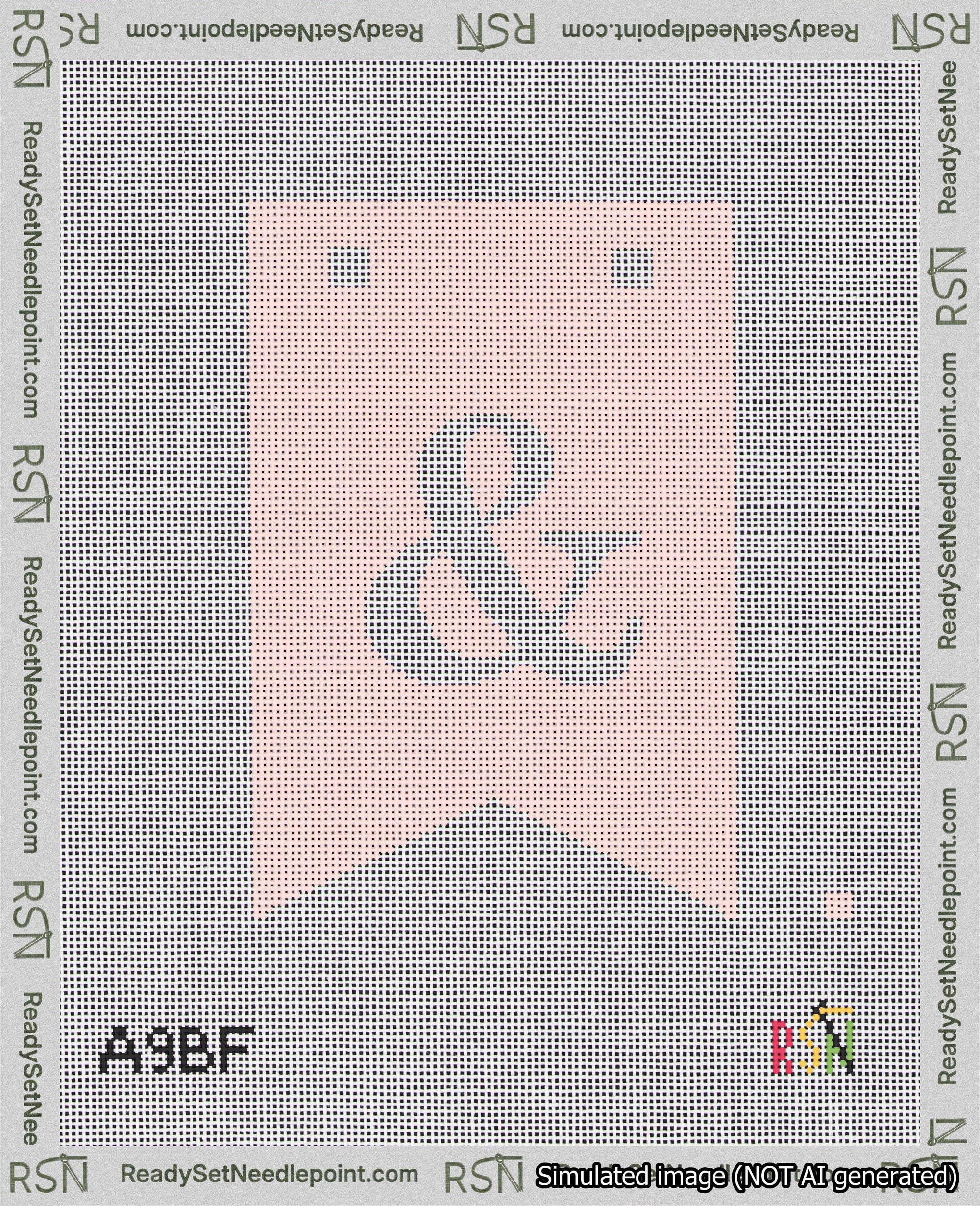 A taped needlepoint canvas with the design: Banner 18 mesh count Forked Ampersand White on Pink.