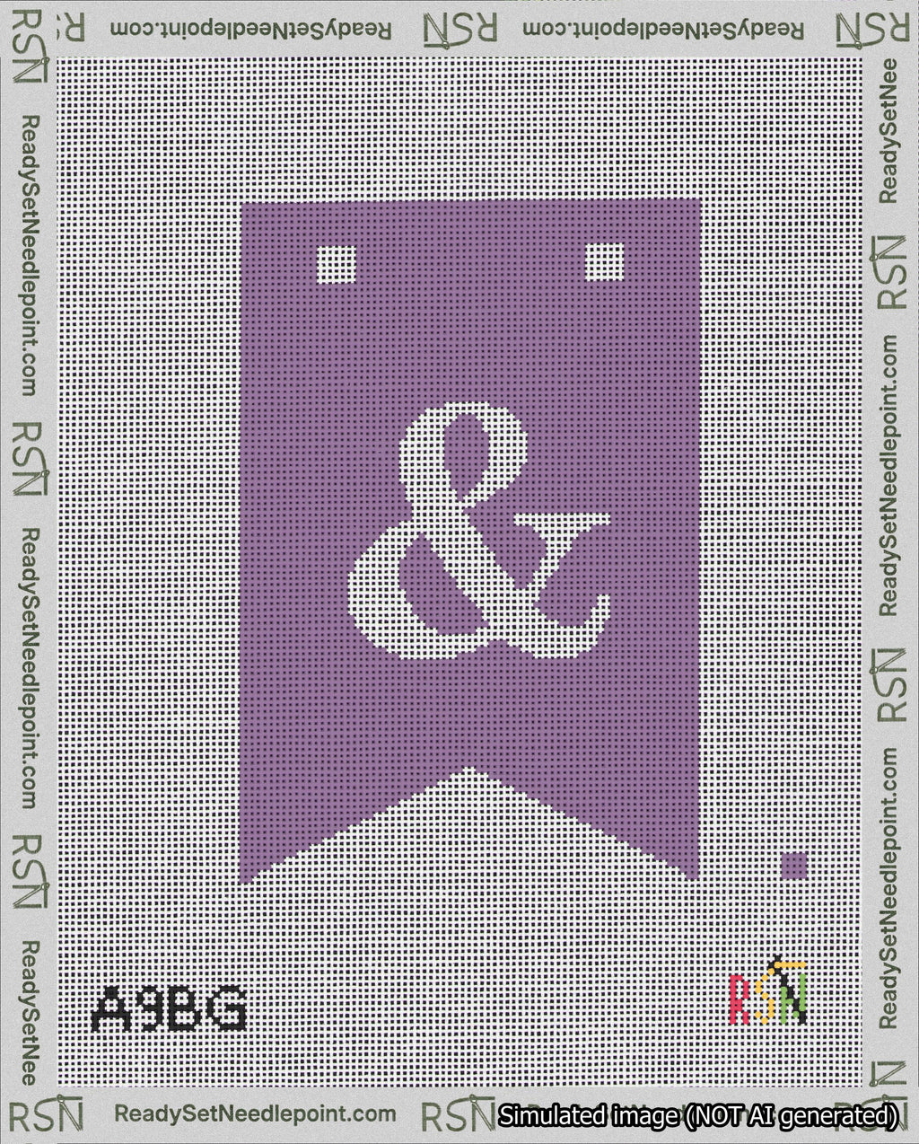 A taped needlepoint canvas with the design: Banner 18 mesh count Forked Ampersand White on Purple.