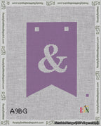 A taped needlepoint canvas with the design: Banner 18 mesh count Forked Ampersand White on Purple.