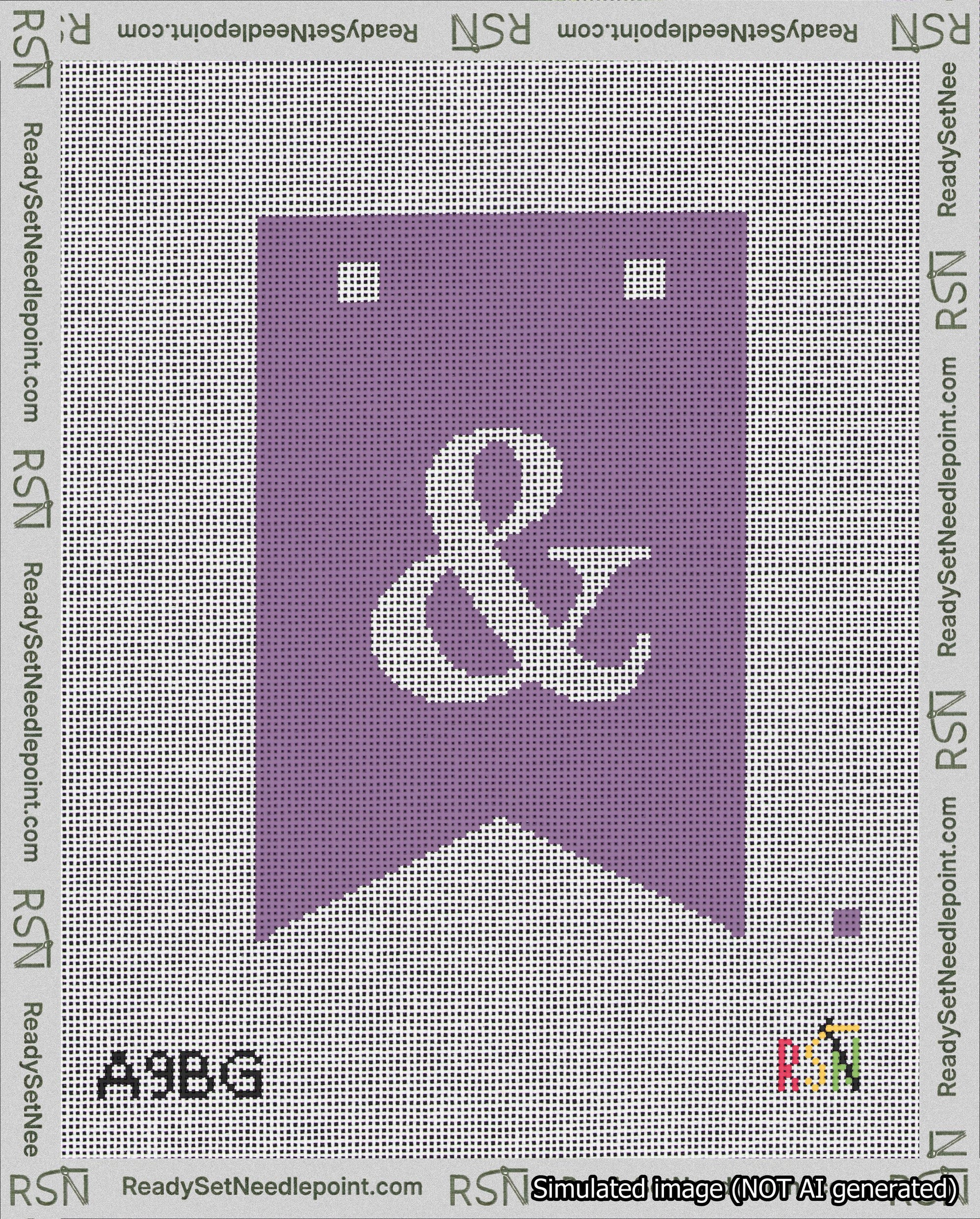 A taped needlepoint canvas with the design: Banner 18 mesh count Forked Ampersand White on Purple.