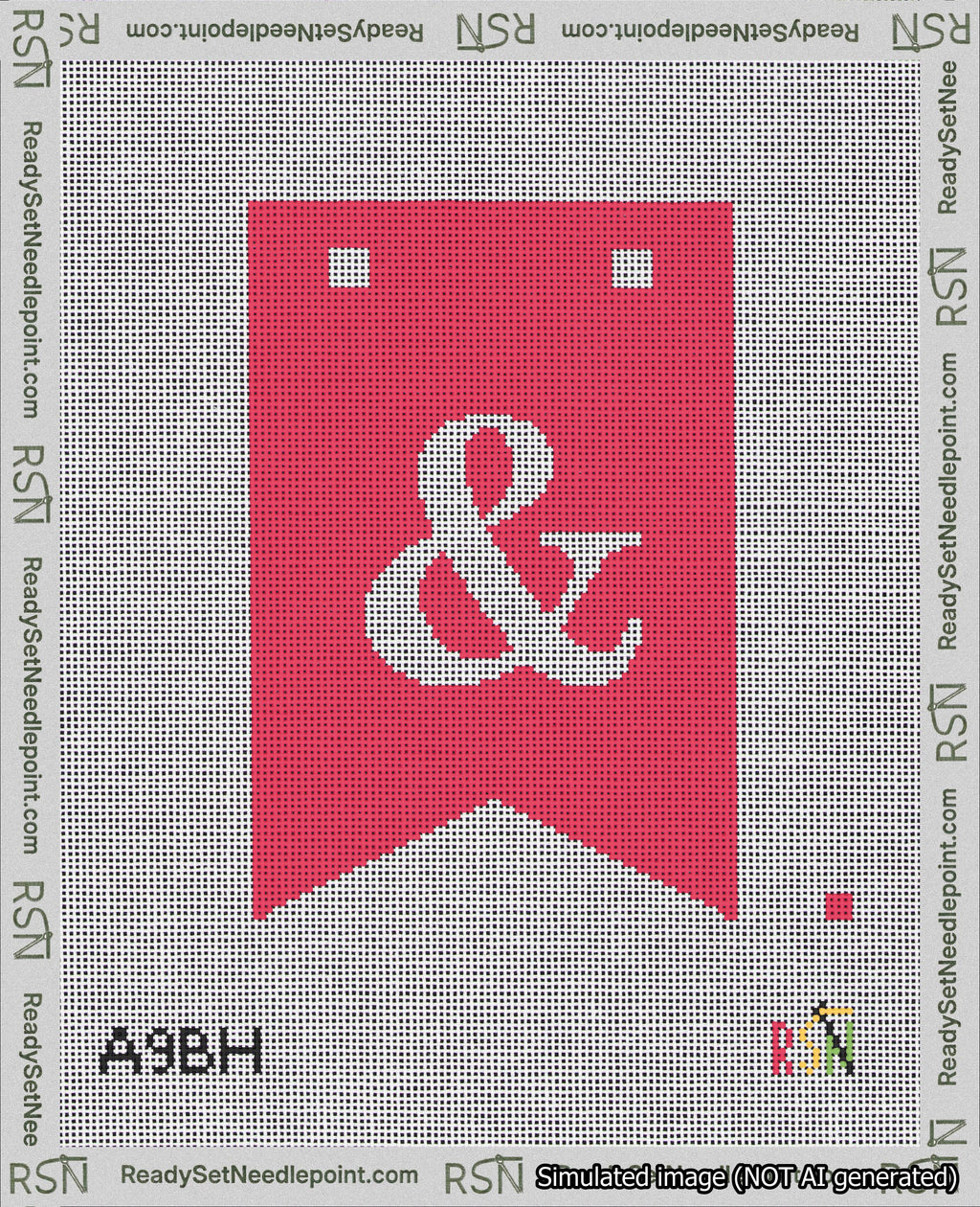 A taped needlepoint canvas with the design: Banner 18 mesh count Forked Ampersand White on Red.