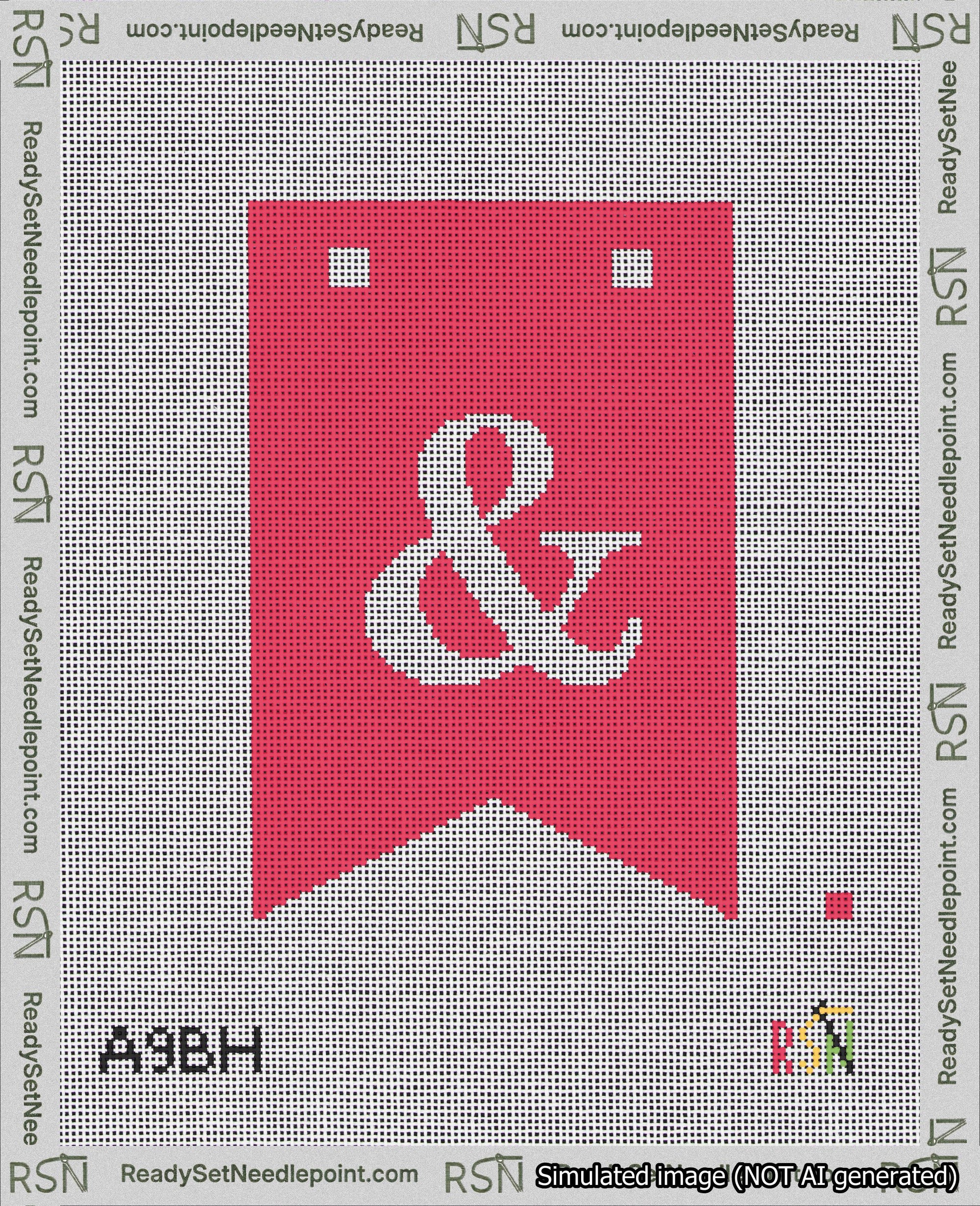 A taped needlepoint canvas with the design: Banner 18 mesh count Forked Ampersand White on Red.