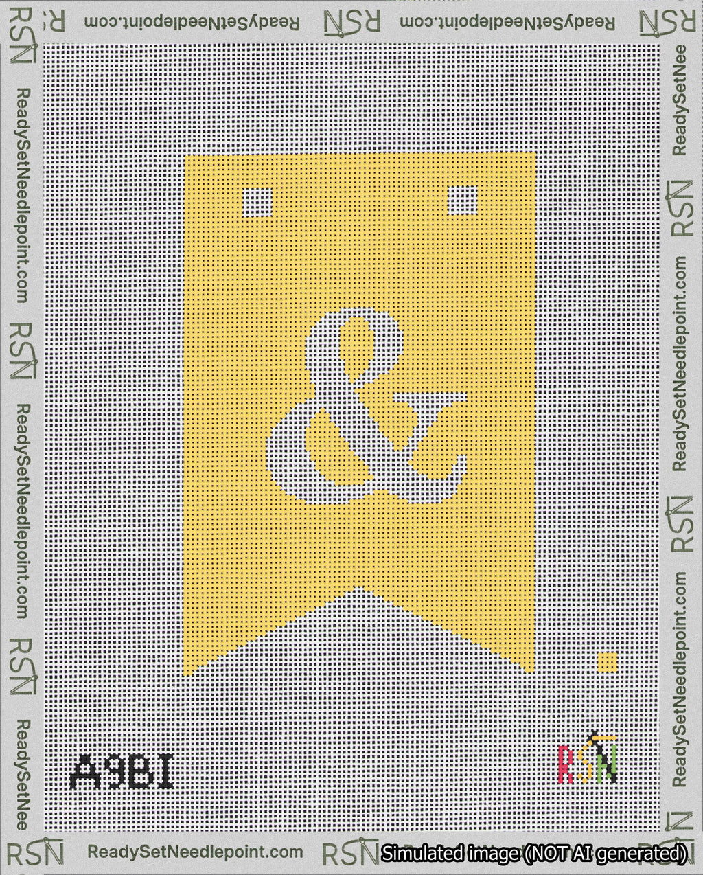 A taped needlepoint canvas with the design: Banner 18 mesh count Forked Ampersand White on Yellow.