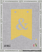 A taped needlepoint canvas with the design: Banner 18 mesh count Forked Ampersand White on Yellow.