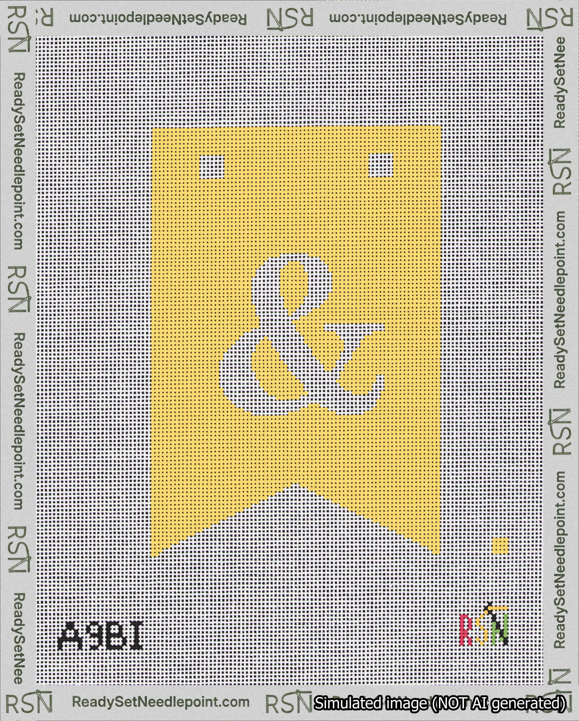 A taped needlepoint canvas with the design: Banner 18 mesh count Forked Ampersand White on Yellow.