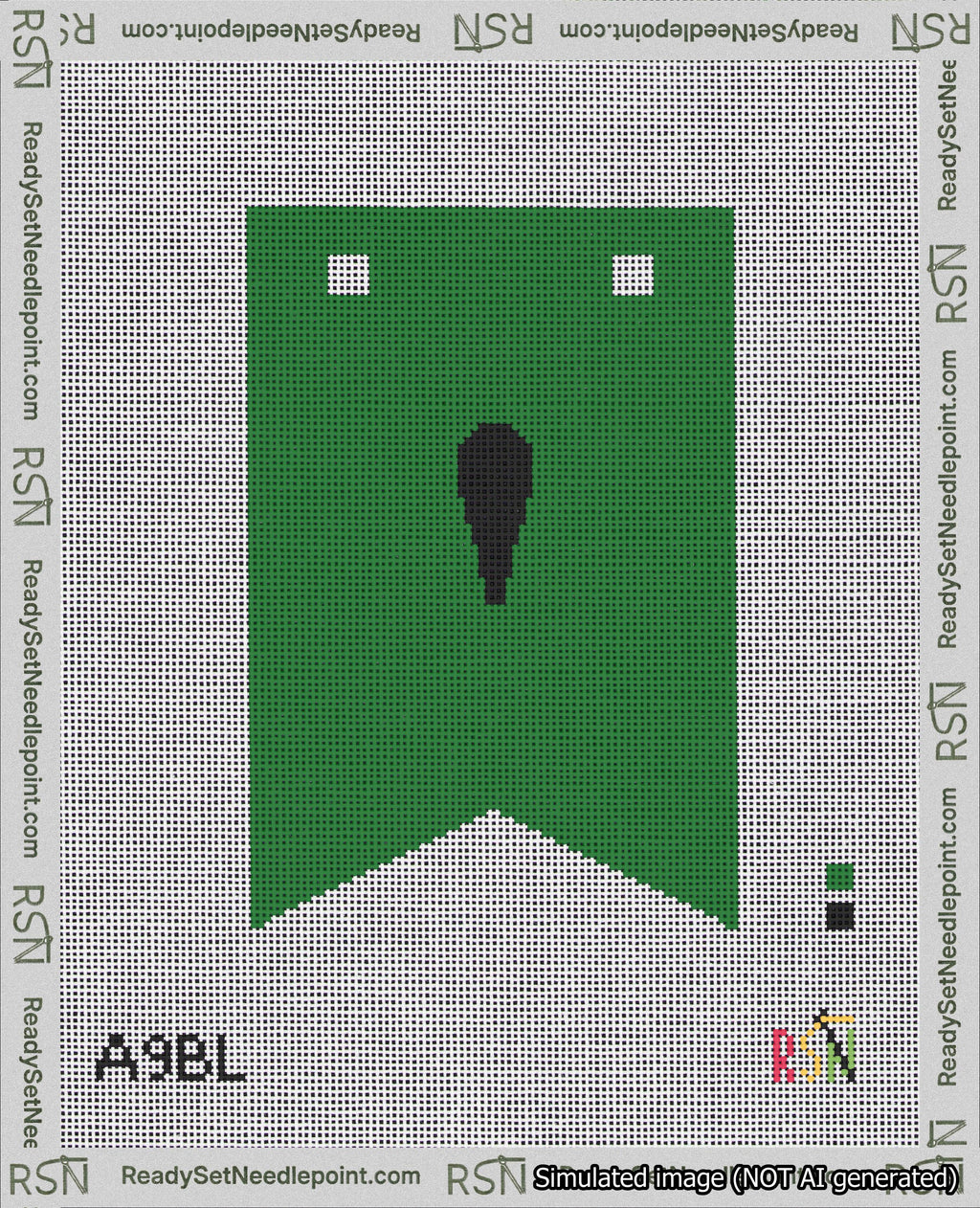 A taped needlepoint canvas with the design: Banner 18 mesh count Forked Apostrophe Black on Green.