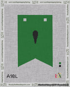A taped needlepoint canvas with the design: Banner 18 mesh count Forked Apostrophe Black on Green.