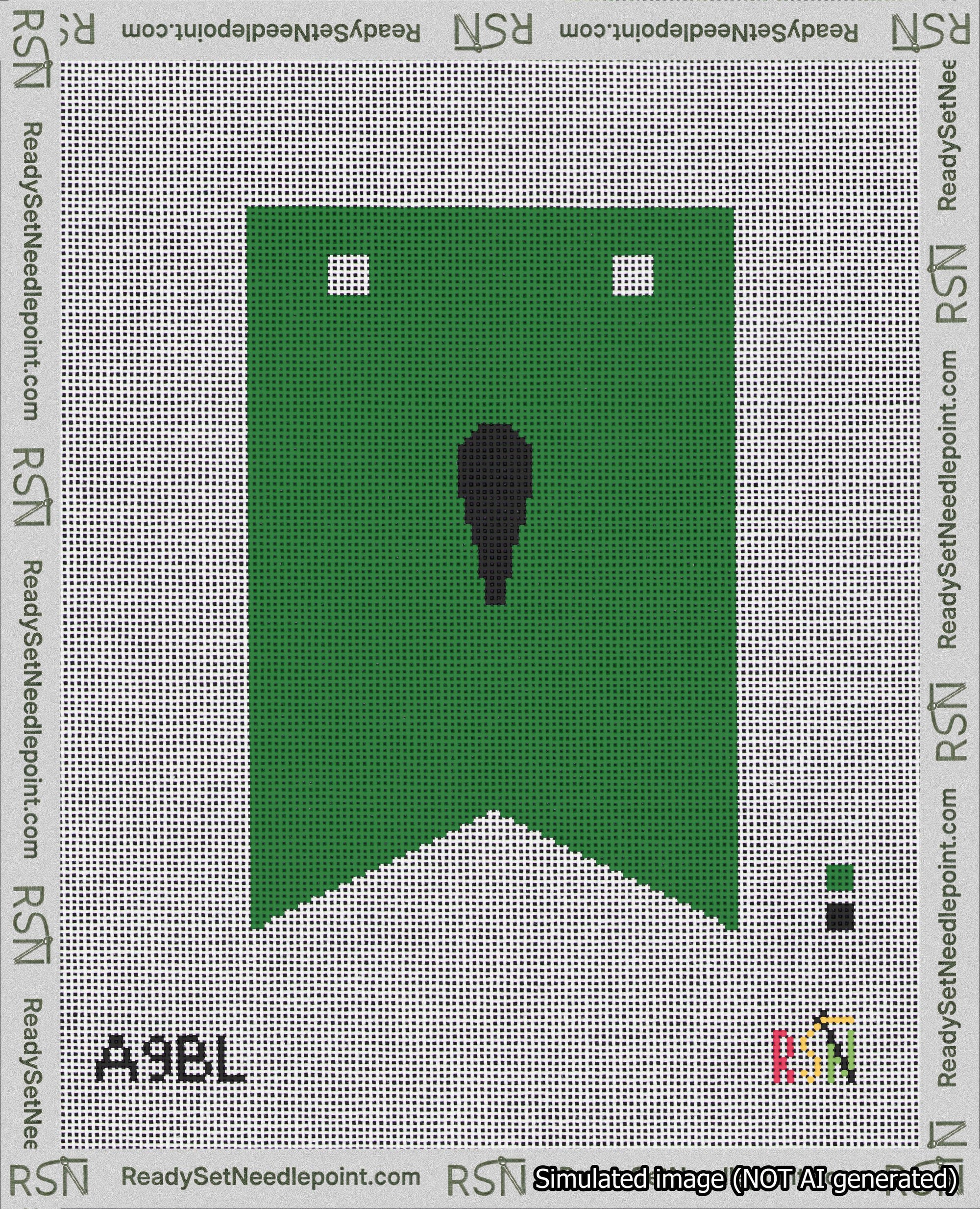 A taped needlepoint canvas with the design: Banner 18 mesh count Forked Apostrophe Black on Green.