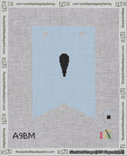 A taped needlepoint canvas with the design: Banner 18 mesh count Forked Apostrophe Black on Light Blue.