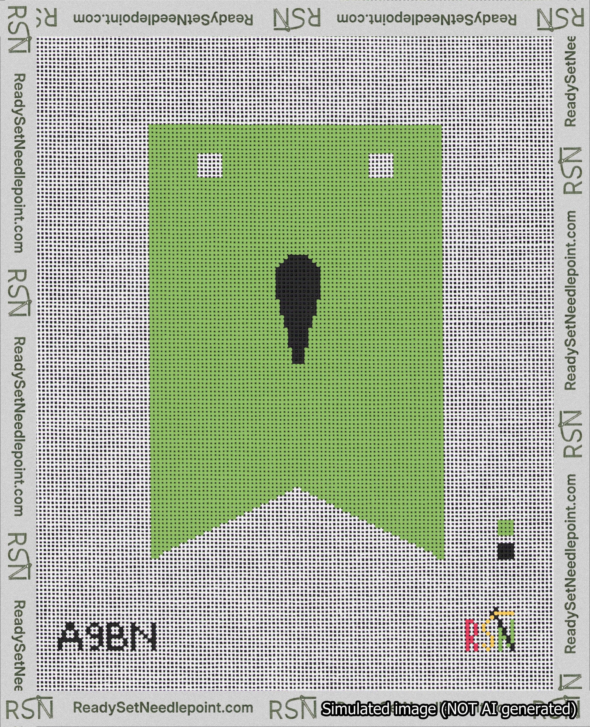 A taped needlepoint canvas with the design: Banner 18 mesh count Forked Apostrophe Black on Light Green.