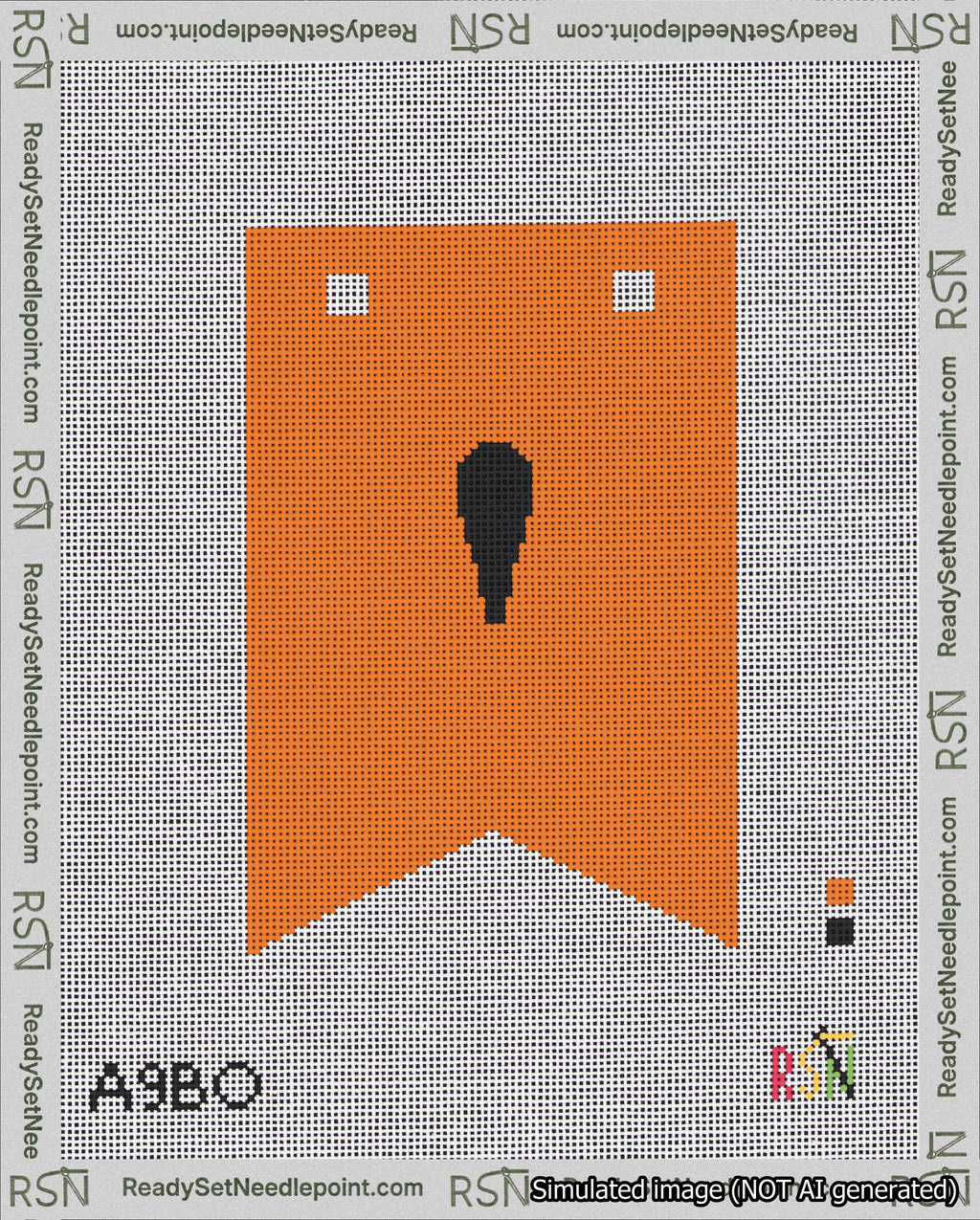 A taped needlepoint canvas with the design: Banner 18 mesh count Forked Apostrophe Black on Orange.