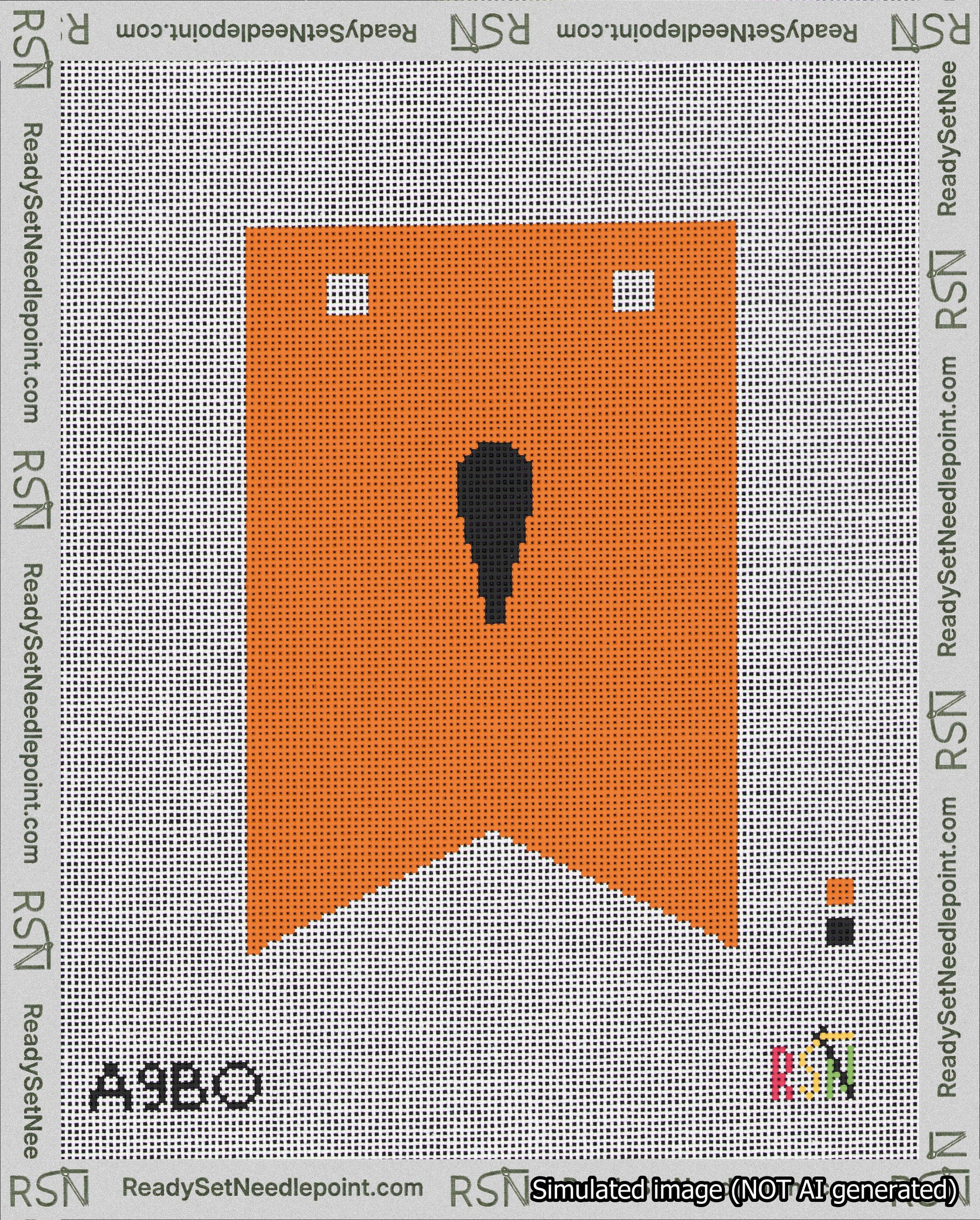 A taped needlepoint canvas with the design: Banner 18 mesh count Forked Apostrophe Black on Orange.