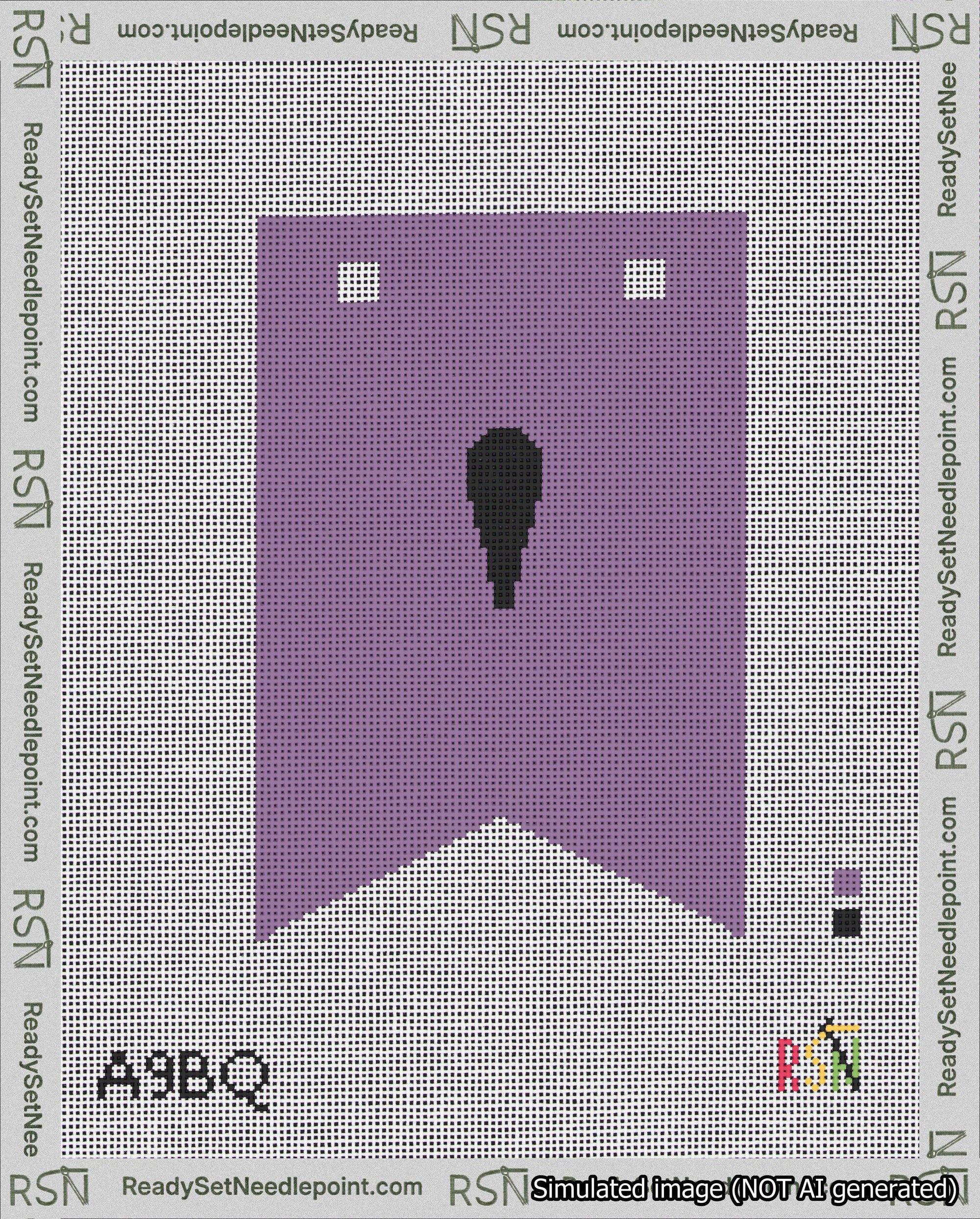 A taped needlepoint canvas with the design: Banner 18 mesh count Forked Apostrophe Black on Purple.