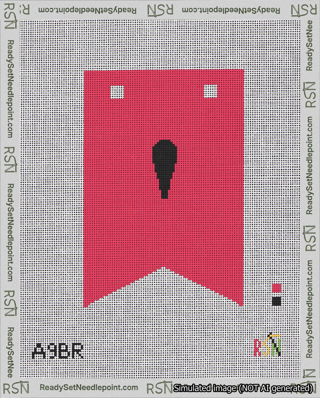 A taped needlepoint canvas with the design: Banner 18 mesh count Forked Apostrophe Black on Red.