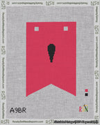 A taped needlepoint canvas with the design: Banner 18 mesh count Forked Apostrophe Black on Red.