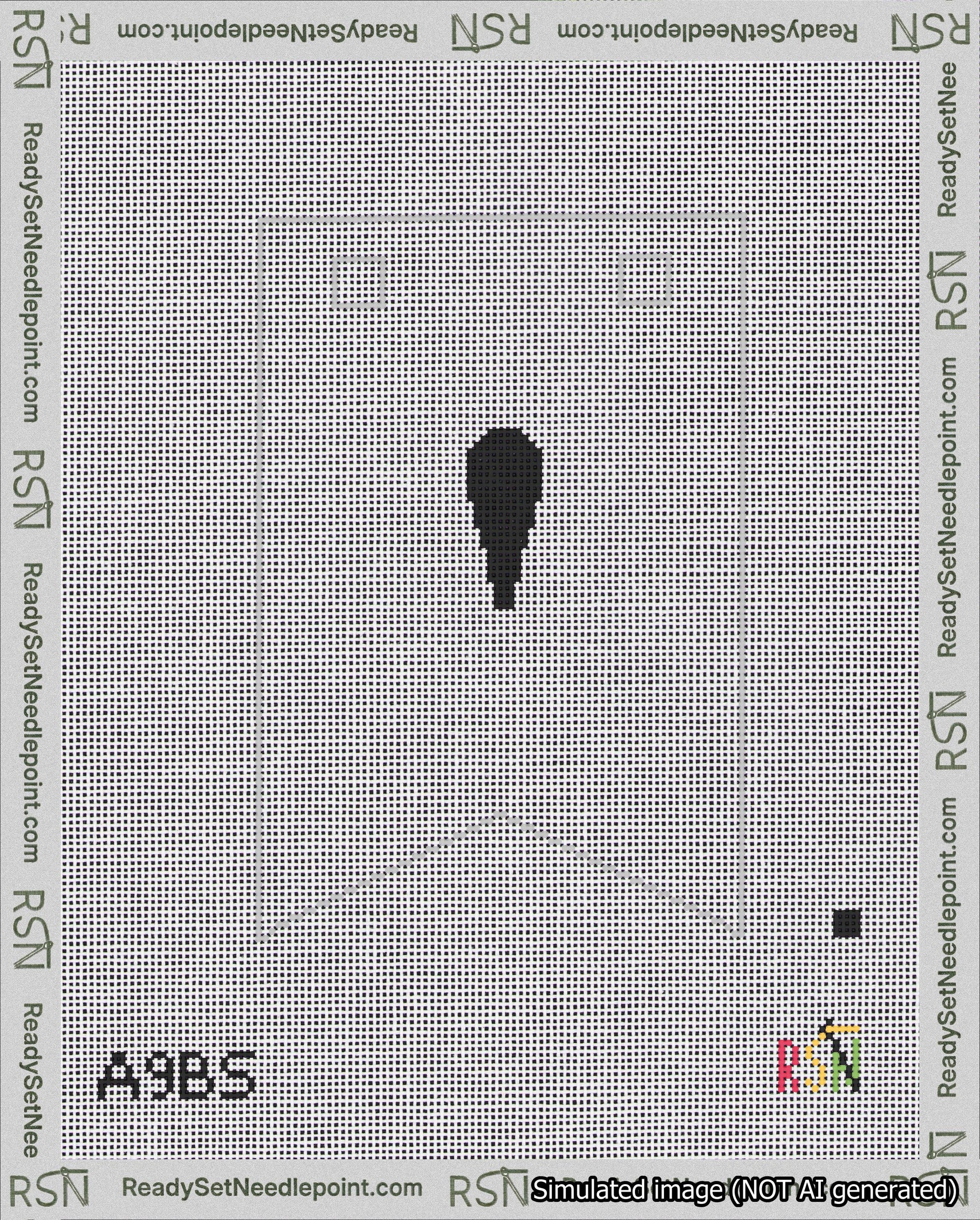 A taped needlepoint canvas with the design: Banner 18 mesh count Forked Apostrophe Black on White.
