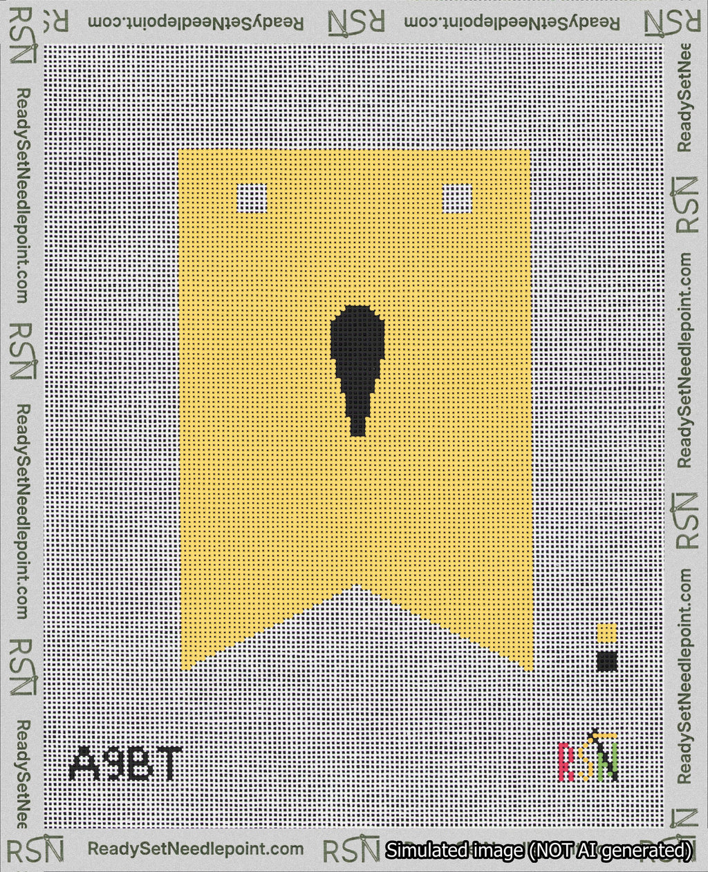 A taped needlepoint canvas with the design: Banner 18 mesh count Forked Apostrophe Black on Yellow.