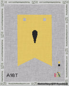 A taped needlepoint canvas with the design: Banner 18 mesh count Forked Apostrophe Black on Yellow.