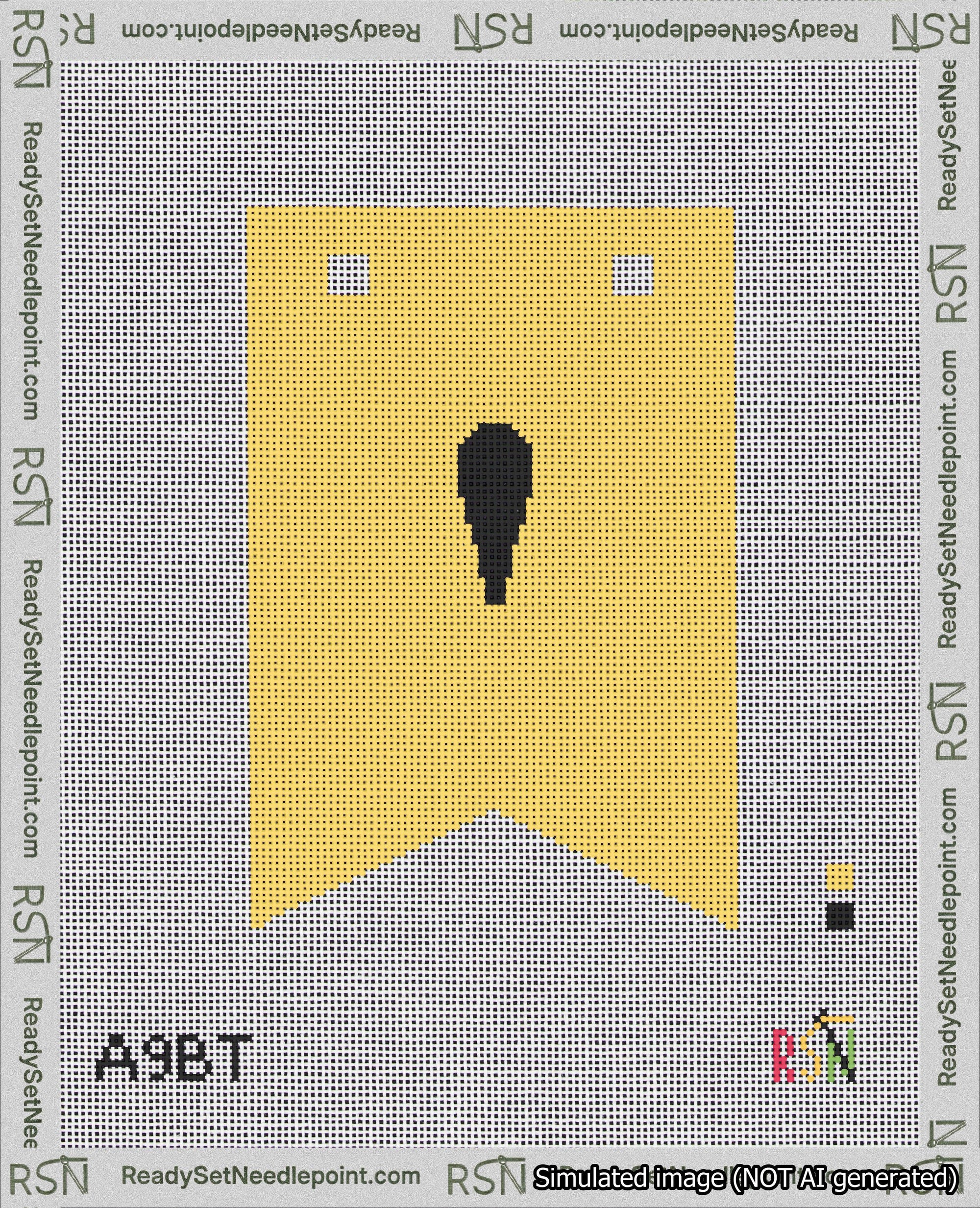A taped needlepoint canvas with the design: Banner 18 mesh count Forked Apostrophe Black on Yellow.