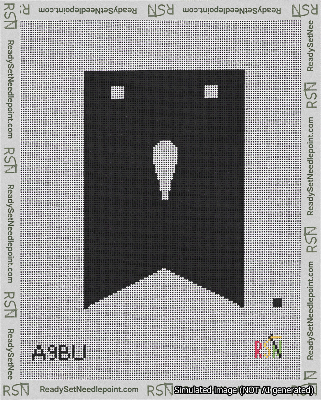 A taped needlepoint canvas with the design: Banner 18 mesh count Forked Apostrophe White on Black.