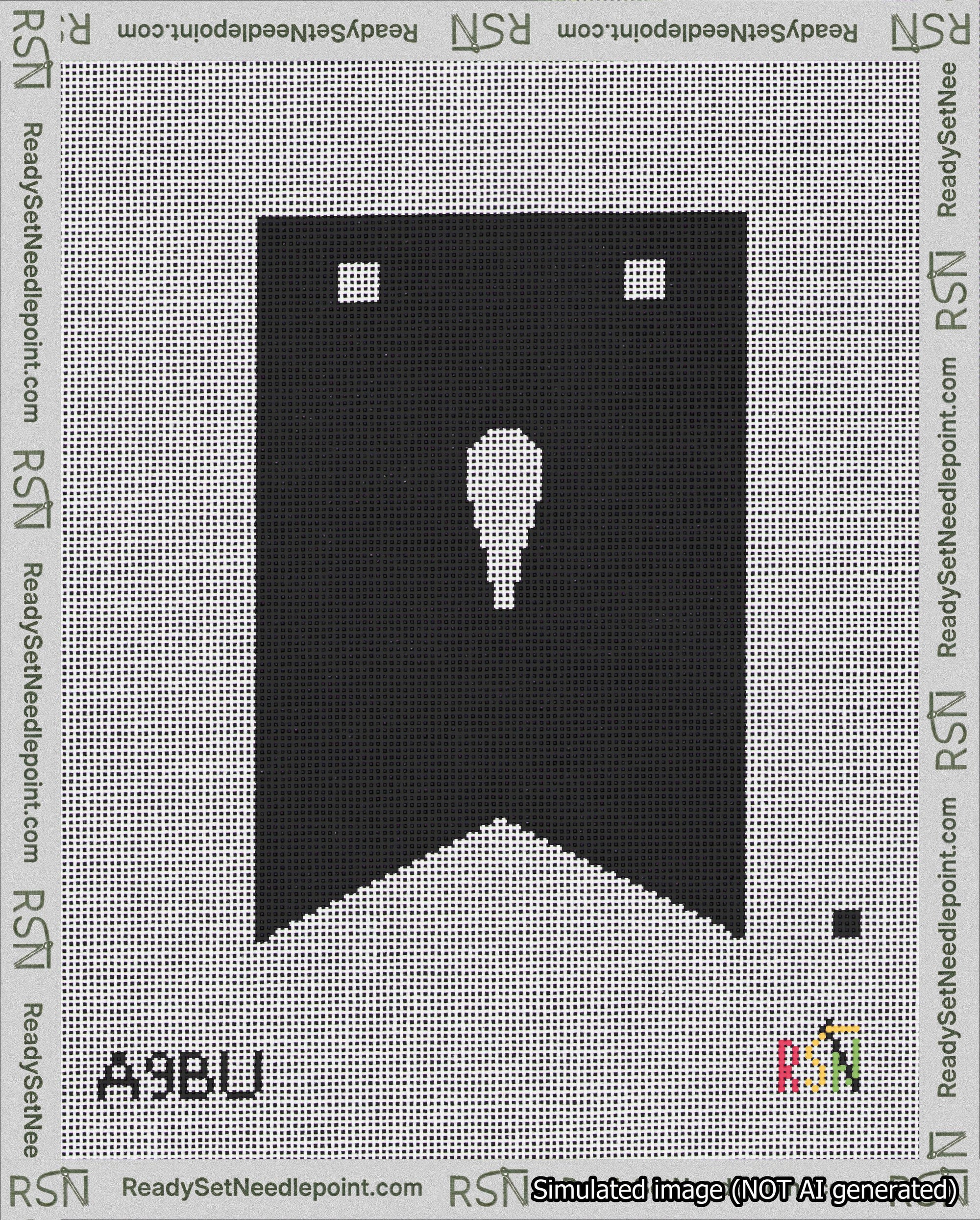 A taped needlepoint canvas with the design: Banner 18 mesh count Forked Apostrophe White on Black.