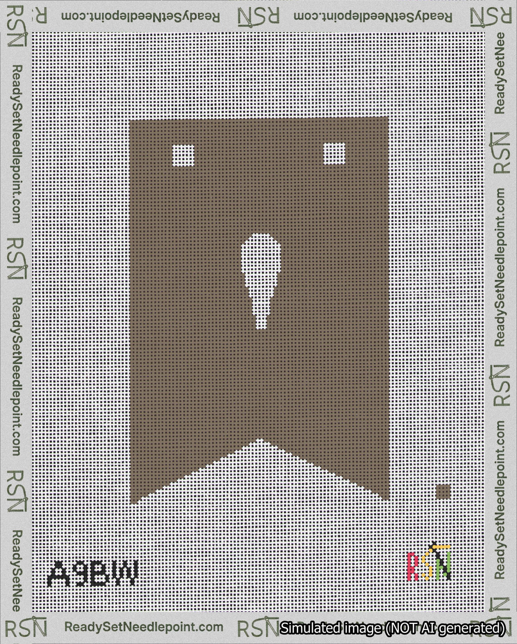 A taped needlepoint canvas with the design: Banner 18 mesh count Forked Apostrophe White on Brown.