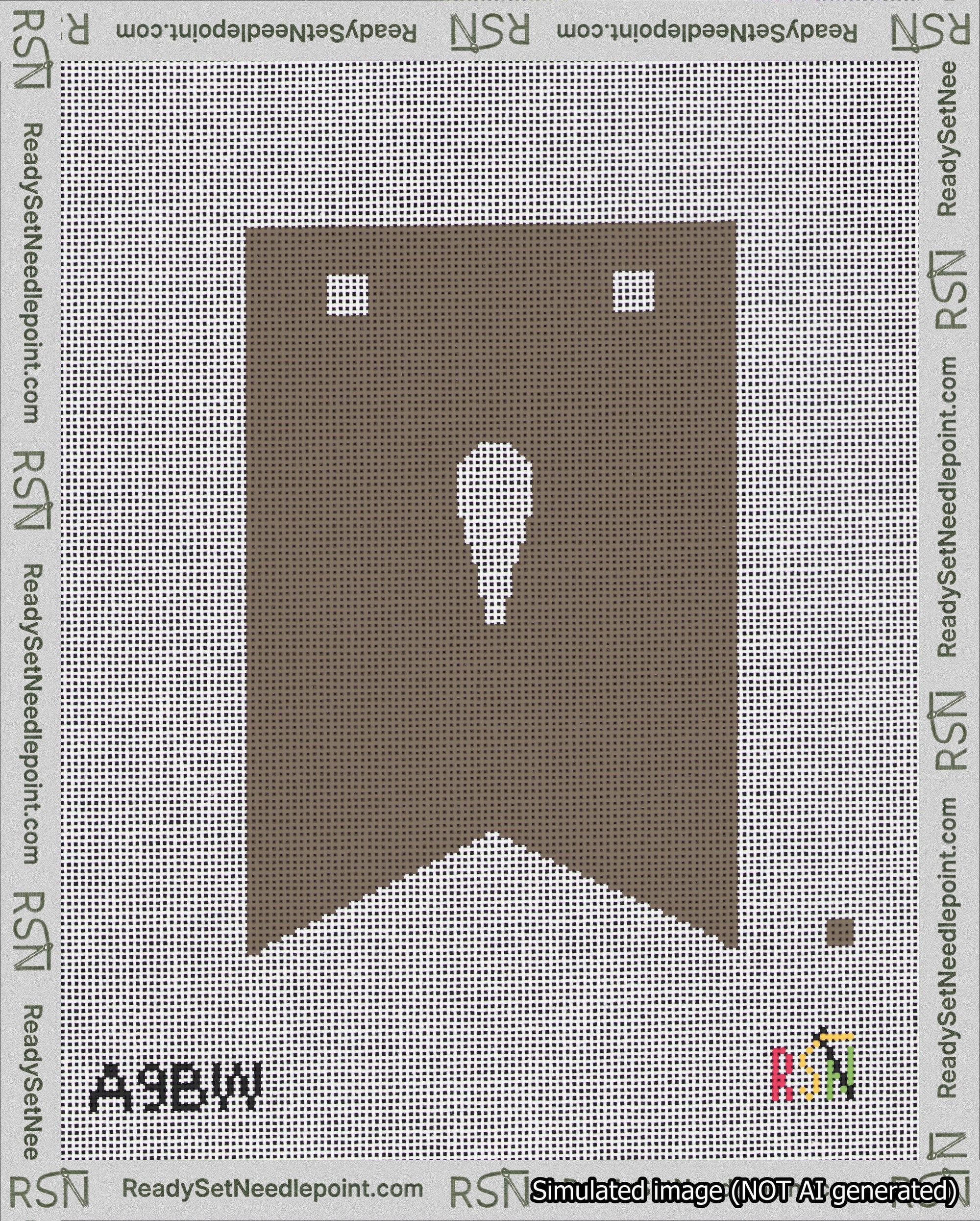 A taped needlepoint canvas with the design: Banner 18 mesh count Forked Apostrophe White on Brown.
