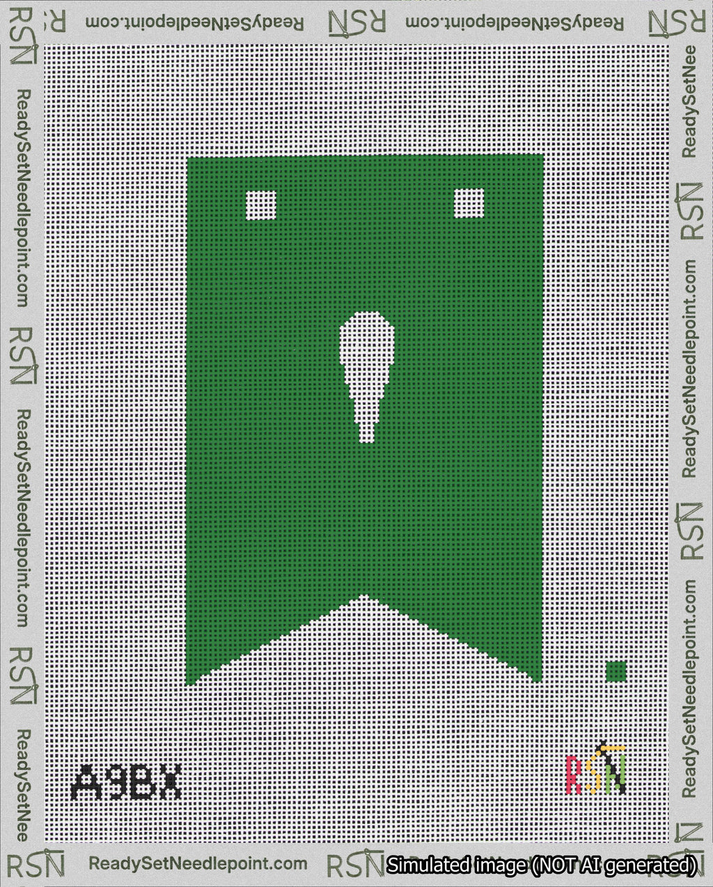 A taped needlepoint canvas with the design: Banner 18 mesh count Forked Apostrophe White on Green.