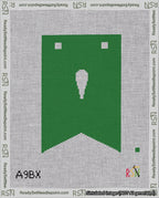 A taped needlepoint canvas with the design: Banner 18 mesh count Forked Apostrophe White on Green.