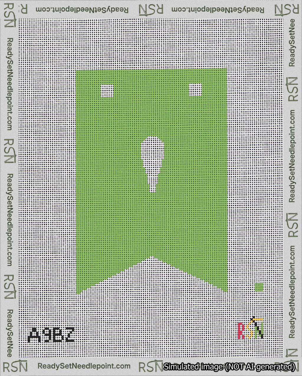 A taped needlepoint canvas with the design: Banner 18 mesh count Forked Apostrophe White on Light Green.