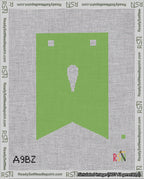 A taped needlepoint canvas with the design: Banner 18 mesh count Forked Apostrophe White on Light Green.