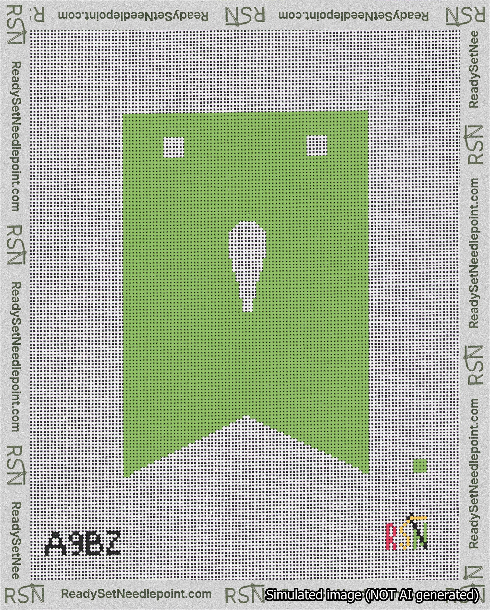 A taped needlepoint canvas with the design: Banner 18 mesh count Forked Apostrophe White on Light Green.