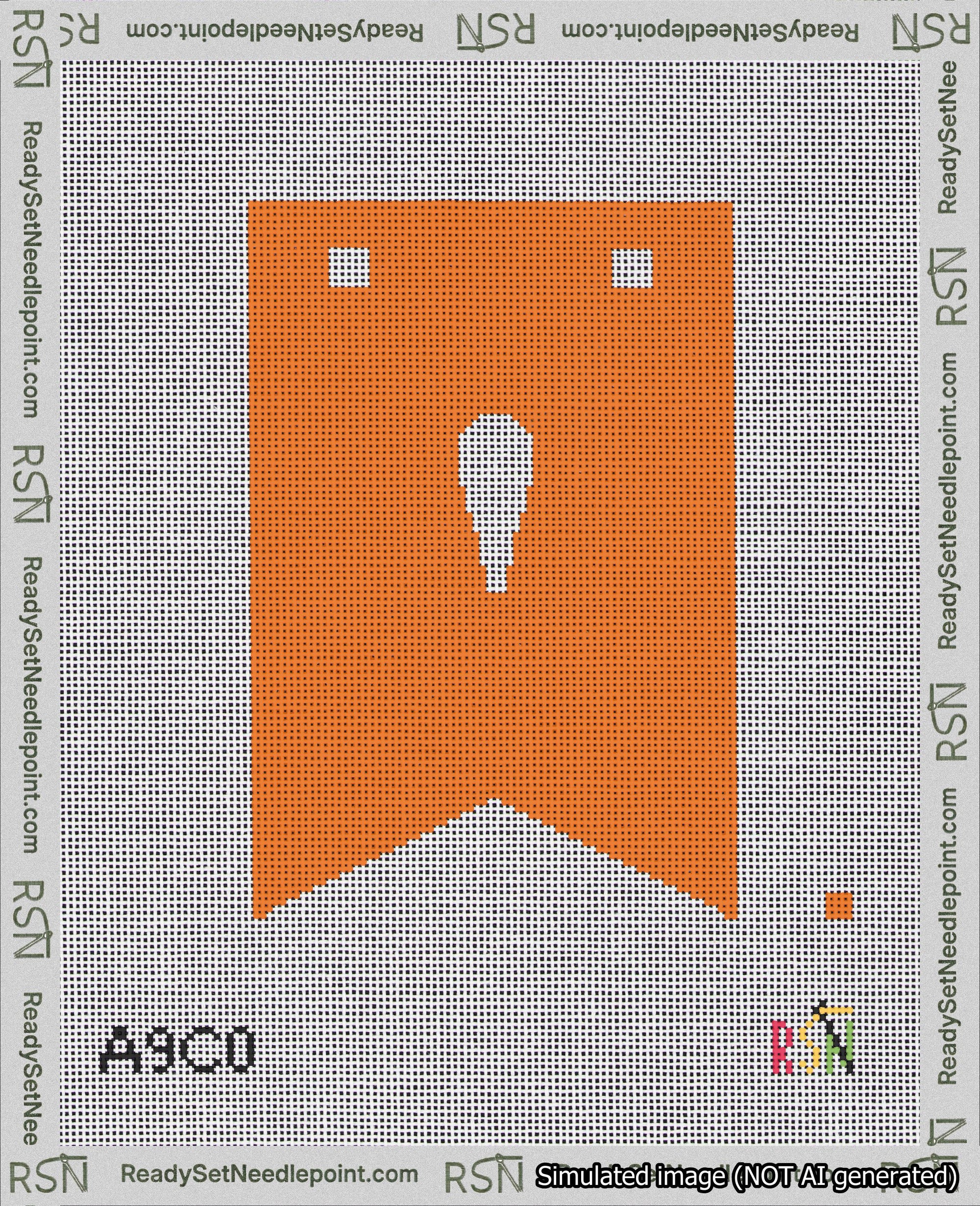 A taped needlepoint canvas with the design: Banner 18 mesh count Forked Apostrophe White on Orange.
