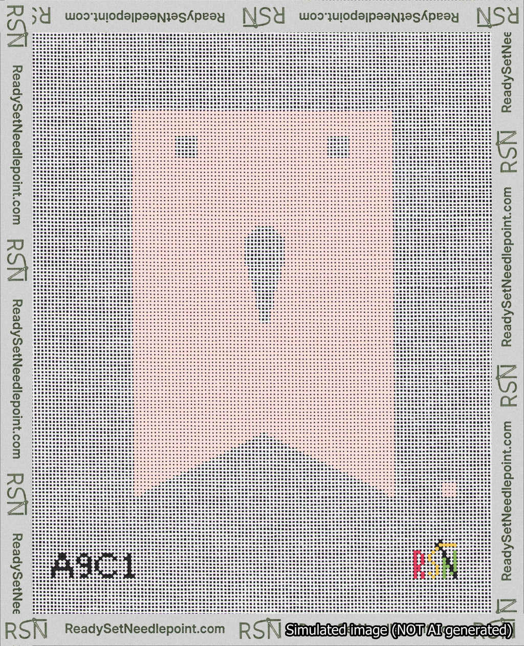 A taped needlepoint canvas with the design: Banner 18 mesh count Forked Apostrophe White on Pink.