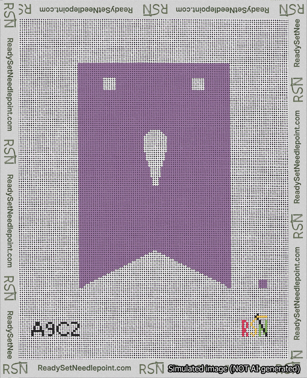 A taped needlepoint canvas with the design: Banner 18 mesh count Forked Apostrophe White on Purple.