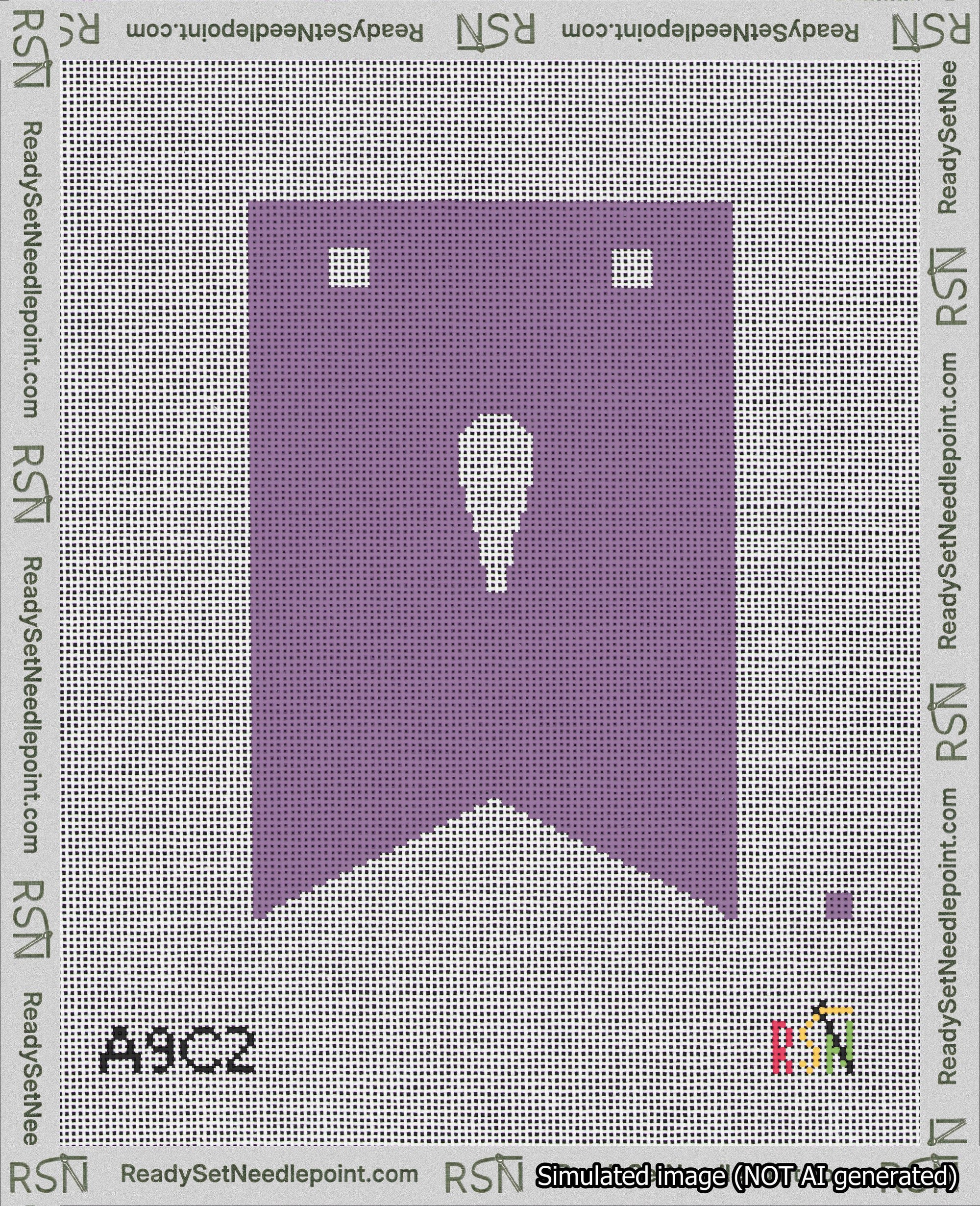 A taped needlepoint canvas with the design: Banner 18 mesh count Forked Apostrophe White on Purple.