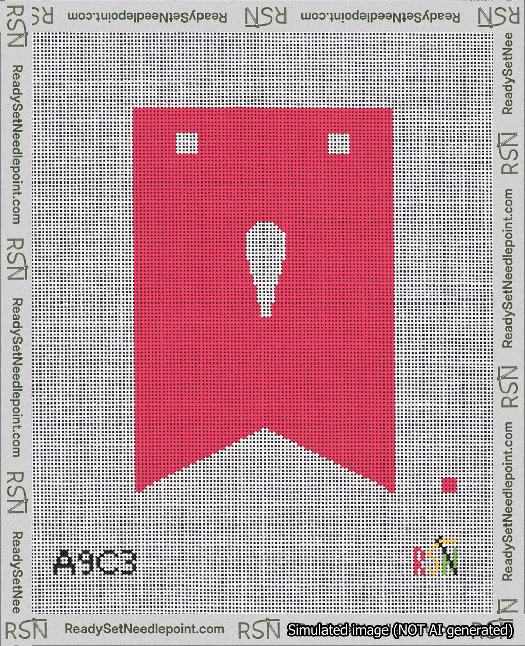 A taped needlepoint canvas with the design: Banner 18 mesh count Forked Apostrophe White on Red.