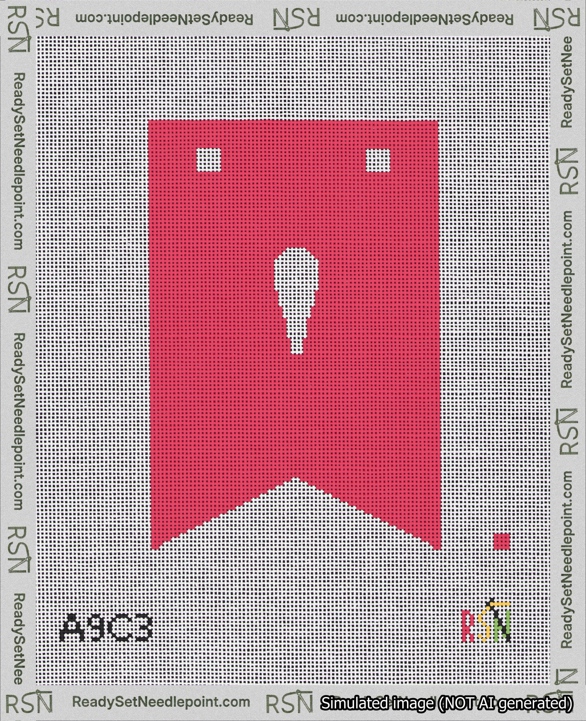 A taped needlepoint canvas with the design: Banner 18 mesh count Forked Apostrophe White on Red.
