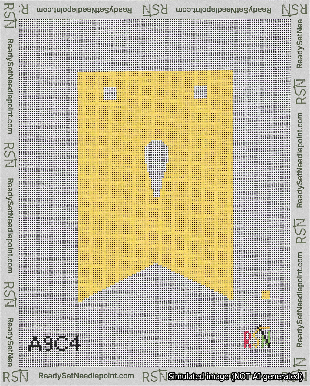 A taped needlepoint canvas with the design: Banner 18 mesh count Forked Apostrophe White on Yellow.