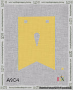 A taped needlepoint canvas with the design: Banner 18 mesh count Forked Apostrophe White on Yellow.