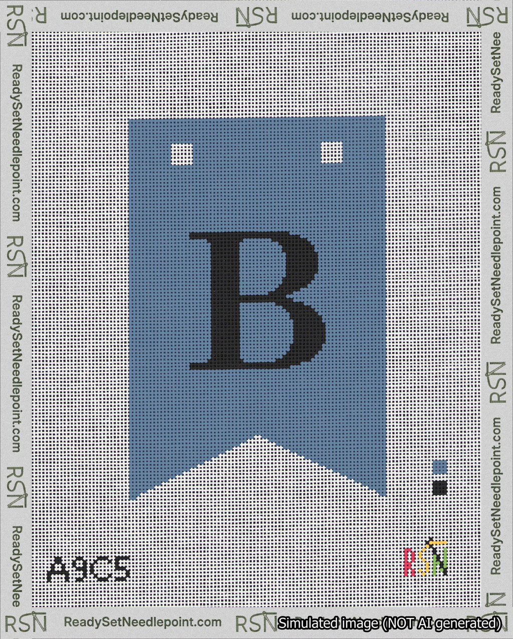 A taped needlepoint canvas with the design: Banner 18 mesh count Forked B Black on Blue.