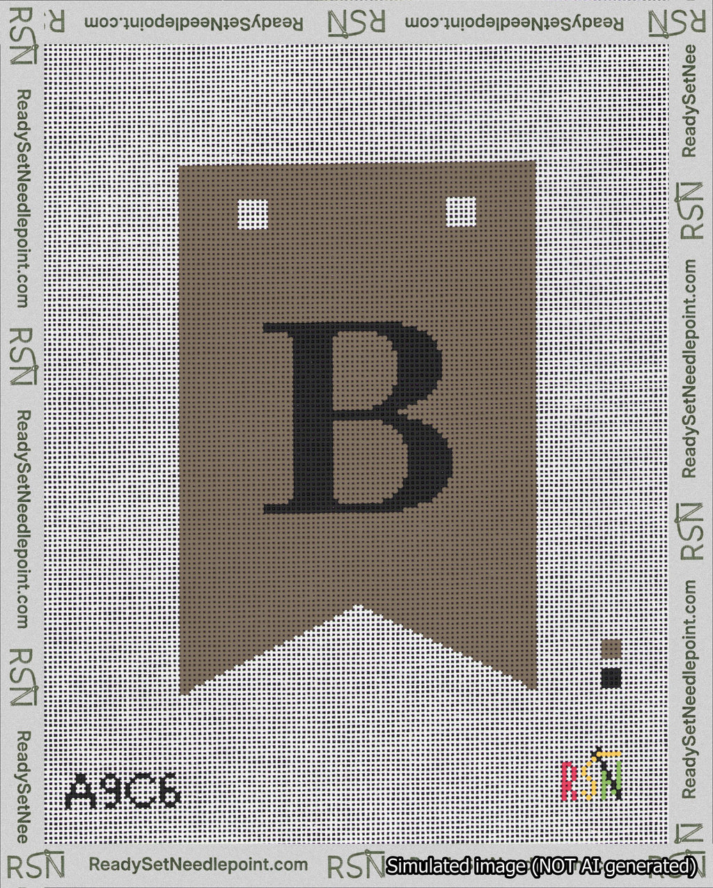 A taped needlepoint canvas with the design: Banner 18 mesh count Forked B Black on Brown.