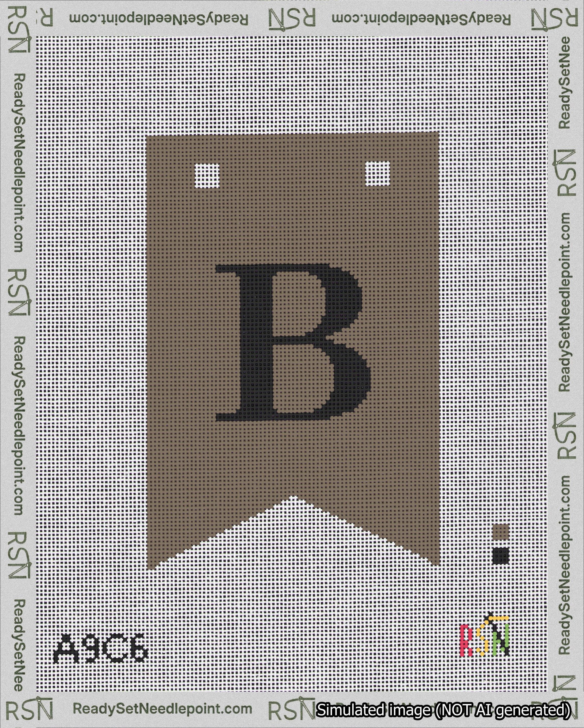 A taped needlepoint canvas with the design: Banner 18 mesh count Forked B Black on Brown.