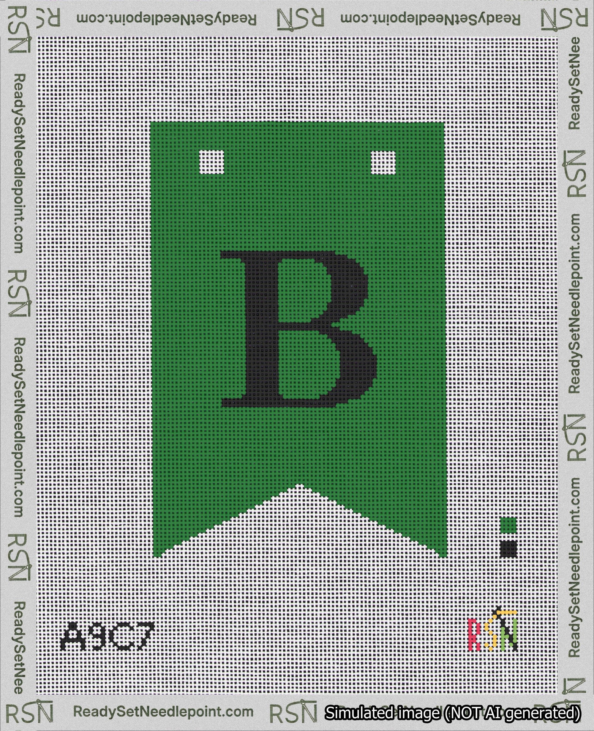 A taped needlepoint canvas with the design: Banner 18 mesh count Forked B Black on Green.
