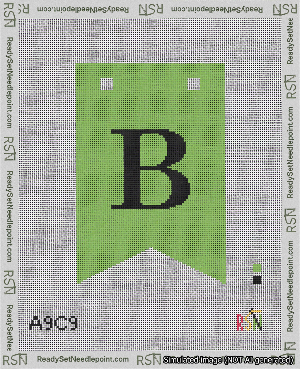 A taped needlepoint canvas with the design: Banner 18 mesh count Forked B Black on Light Green.