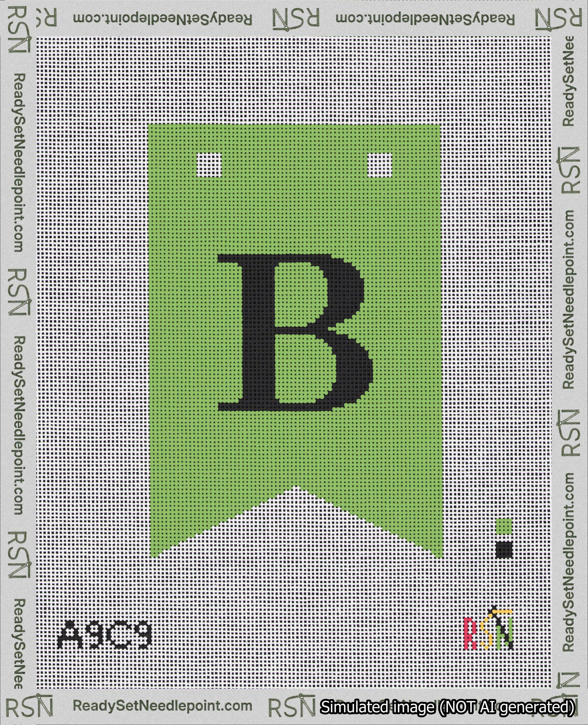 A taped needlepoint canvas with the design: Banner 18 mesh count Forked B Black on Light Green.