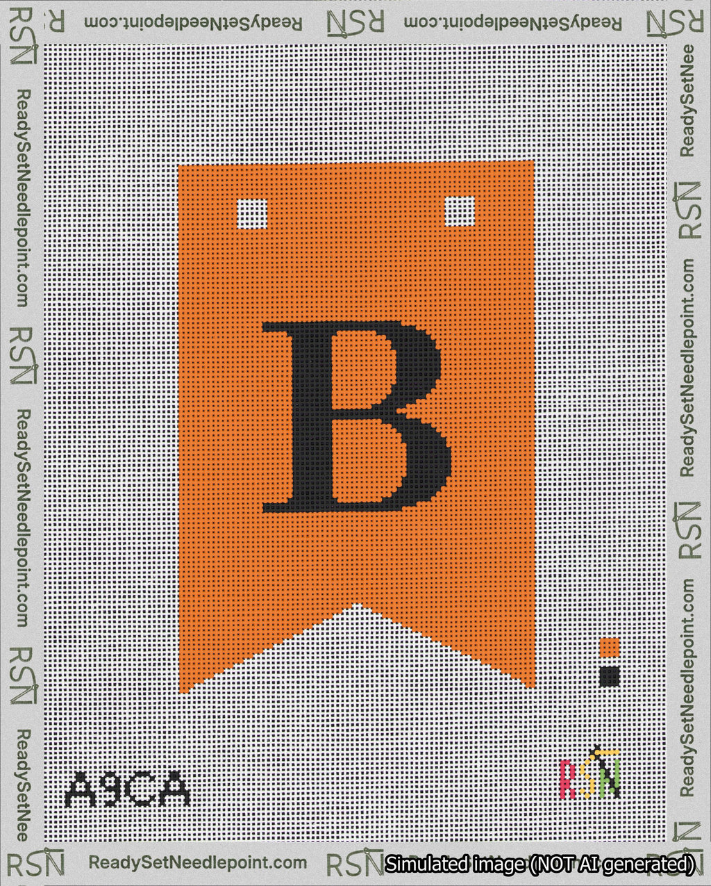 A taped needlepoint canvas with the design: Banner 18 mesh count Forked B Black on Orange.